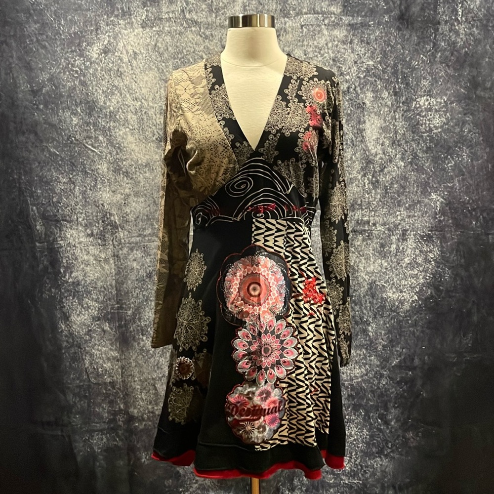 Desigual black red v-neck long sleeve fit flare dress